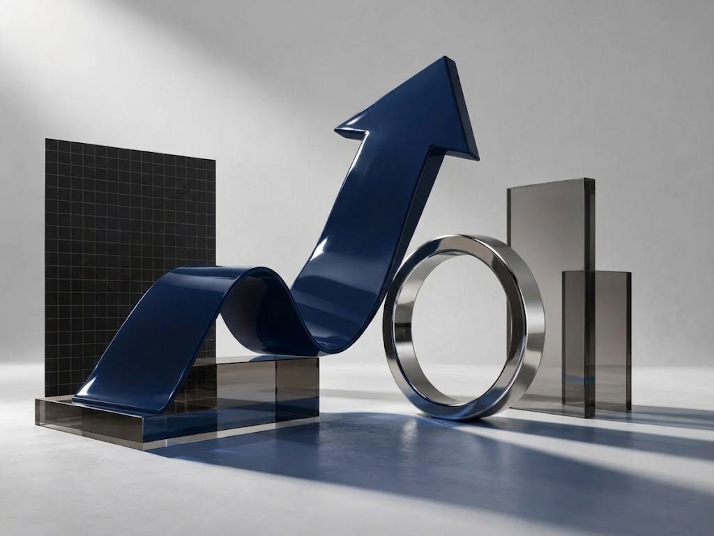 تكوين فني بسهم برتقالي صاعد وحلقة معدنية وألواح زجاجية